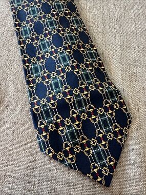 Paolo Gucci Vintage 100% Silk Navy Tie with Gold Chain and Red Accent